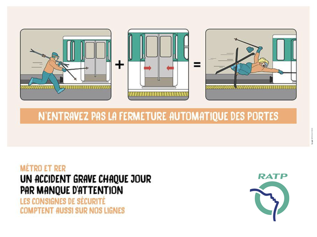Affiches RATP - Consignes de sécurité - N'entravez pas la fermeture automatique des portes - Skieur