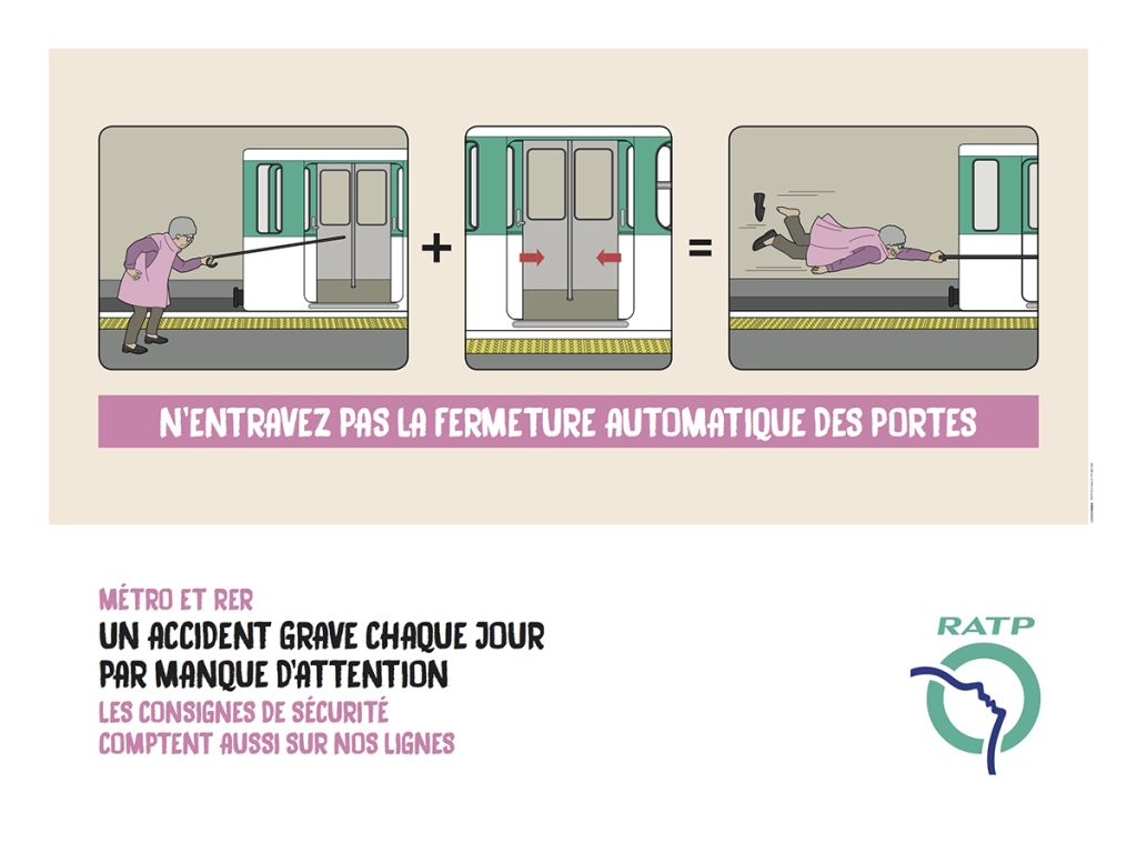 Affiches RATP - Consignes de sécurité - N'entravez pas la fermeture automatique des portes - Grand-mère