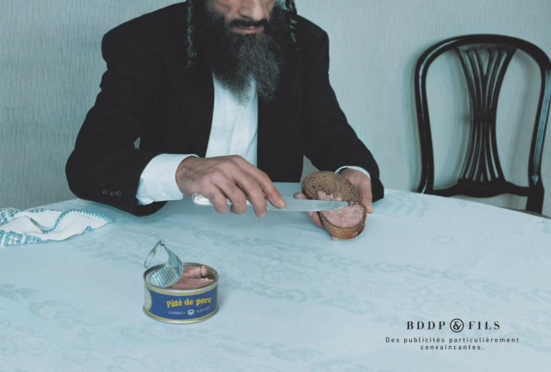 Publicité BDDP&Fils - Autopromotion - Des publicités particulièrement convaincantes - Juif se fait une tartine de pâté Hénaff - porc - 2002