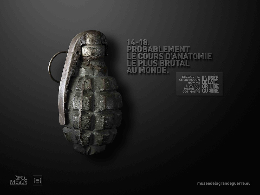 Affiche - Musée de la Grande Guerre - Meaux - Découvrez ce qu'aucun homme n'aurait dû jamais connaître - 14-18 probablement cours d'anatomie le plus brutal au monde - grenade - Agence DDB - 2015