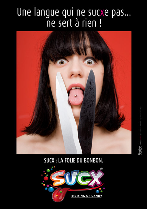 Publicité Sucx - La folie du bonbon - Flyer - Une langue qui ne sucxe pas... ne sert à rien - Agence 800 600 - 2011