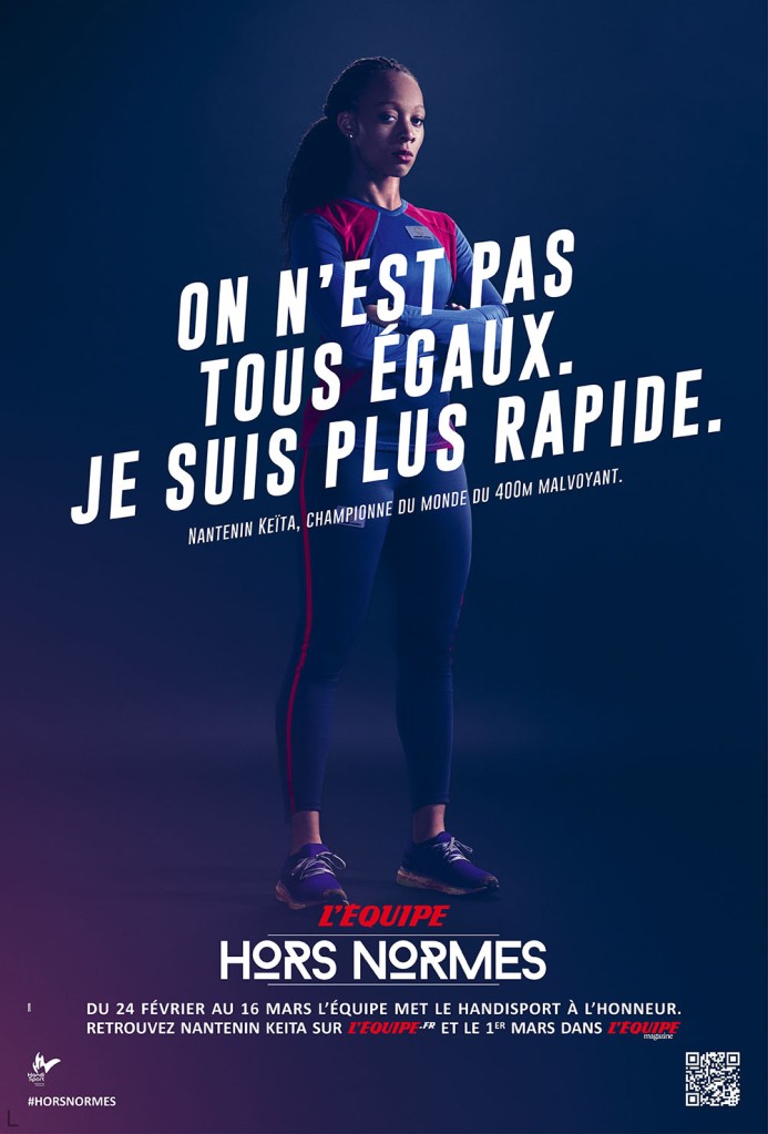 Publicité l'Équipe - Hors norme - Partageons le sport - On n'est pas tous égaux. Je suis plus rapide - Nantenin Keïta - Reveal - DDB - 2014